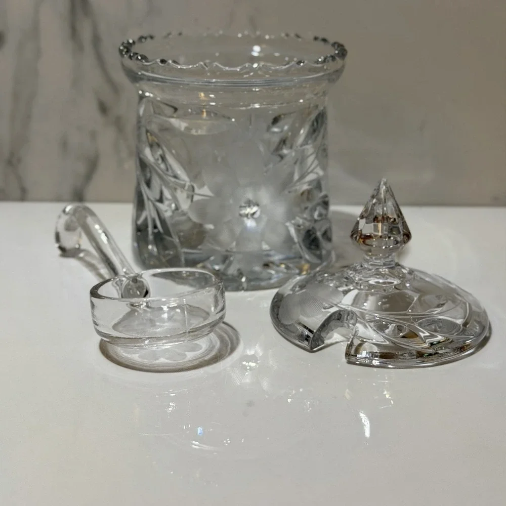 Vintage Crystal Lidded Sugar Bowl with Glass Spoon